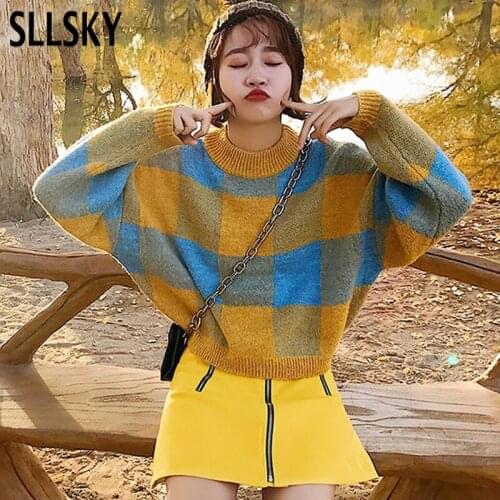SLLSKY Plaid Print Womens Sweater Autumn Winter O Neck Casual Loose knitted Pullovers Long Sleeve Fashion Short Ladies Sweater