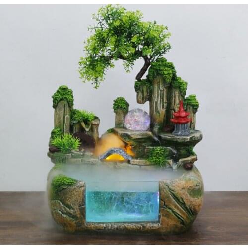 LED Rockery Garden Water Fountain Air Humidifier Home Office Desktop Small Fish Tank Lucky Fengshui Waterfall Micro Landscape