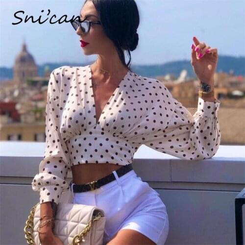 Polka Dots Print Crop Blouse Long Sleeve V Neck Bow Tie Back Office Ladies Sexy Shirts Za 2021 Women Chit Tops Blusas Mujer New
