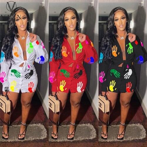 VAZN 2021 Fashion Print Summer V-Neck Full Sleeve Elegant Street Clothing Suits 2 Piece Set Women Top And Pant
