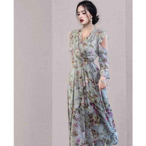 Summer Vintage Floral Print Asymmetrical Midi Long Dresses Chiffon Ruffles Vestidos Bohemian Beach Holiday Dress Elbise