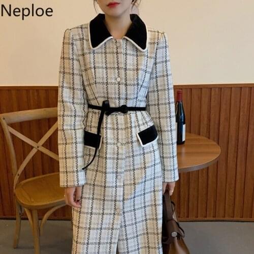 Neploe Vintage Elegant Korean Dress Women Korean Contrast Color Checkered Tweed Slim Long-sleeve Vestidos Winter Dresses Coat