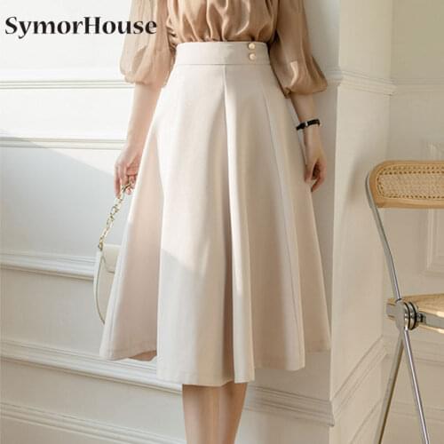Summer New Skirts Women High Waist Casual Work Wear Office Ladies A-Line Skirt Midi Retro Korean Style Faldas Femme Autumn
