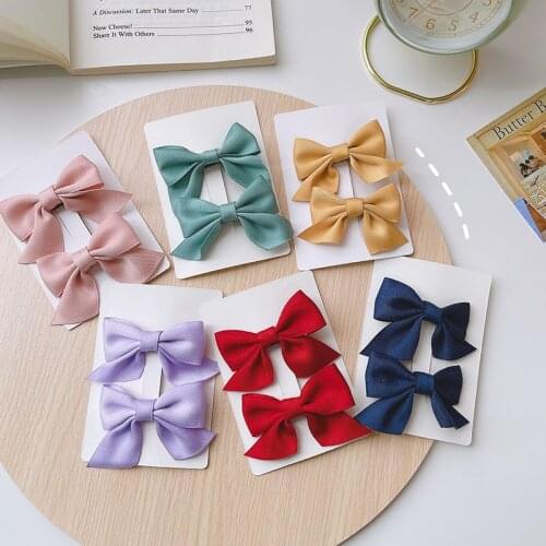 1 Pair Bow Hairpins For Girl High Quatity Navy Blue Solid Color Satin Ribbon Hair Accessories Gift for Baby Girls Children