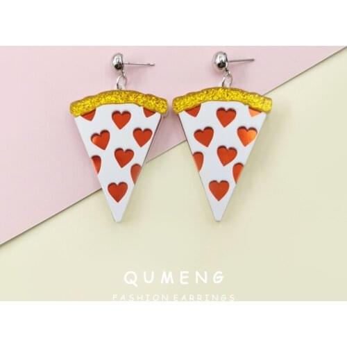 QUMENG 2020 new Fashion simple White triangle pizza acrylic drop earrings for women Funny cute red heart-shaped female jewelry