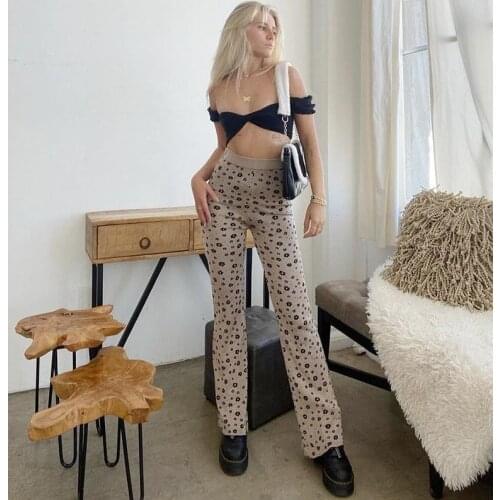 Women’ s Trousers, Female Flower Print High Elastic Waist Long Straight-Leg Pants for Spring Fall, Khaki, S/M/L