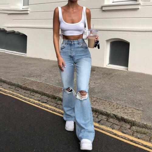Womens Ripped Hollow Out Fashion Denim Pants Jeggings High Waisted Slim Flare Pants Holes Denim Pants Long Trousers
