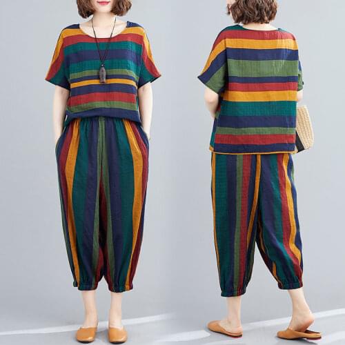 2 Piece Sets Womens Cotton and Linen Outfits Stripe Short Sleeve O-neck Tops + Loose Harem Pants Suits 2021 Summer Clothes Y802