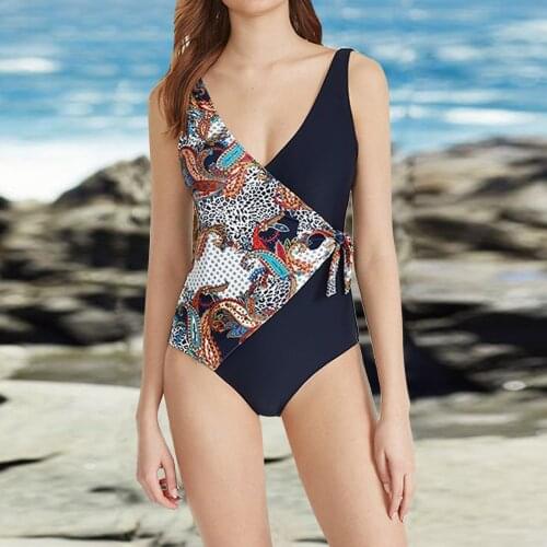 Bikini 2021 Womens Sexy Open Back Ethnic Print Floral Patchwork Print V-neck One Piece Swimsuit Bikini Maillot De Bain Femme