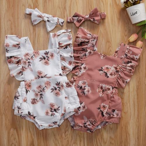 0-24M Newborn Baby Girls Flowers Print Ruffles Short Sleeve Romper Headband 2pcs Cute Baby Clothing