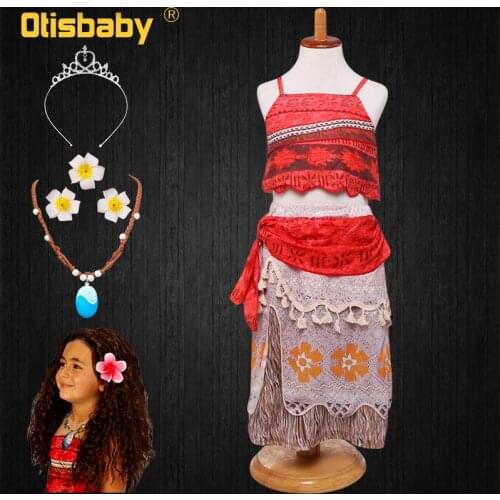 2 Pcs Halloween Fancy Girls Fantasia Moana Princess Sling Vest Tassel Dress Christmas Cartoon Kids Holiday Beach Clothing Sets