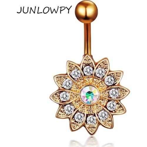 JUNLOWPY Belly Bars Gold Silver Color 20pcs Stainless Steel Pendant Dangling Sunflower Belly Button Rings Navel Piercing Jewelry