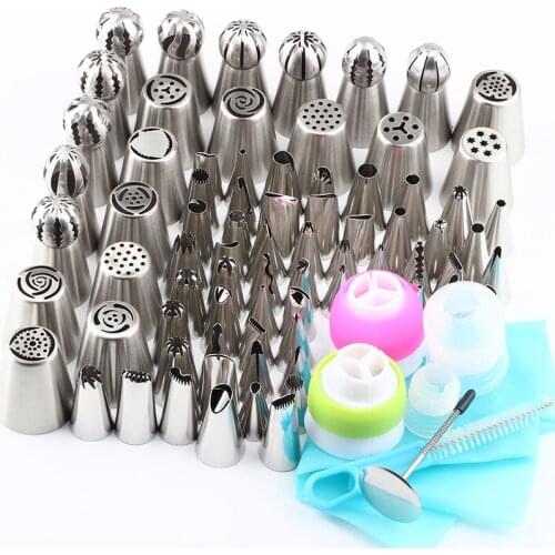 84Pcs/Set Stainless Steel Nozzles Icing Piping Russian Pastry Tips 1 Silicone Bag 4 Coupler 1Brush Cream Dessert cake Decorating