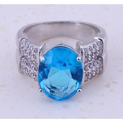 Shiny Sky Blue Crystal & White Zircon Silver Color Rings For Women Party Wedding Engagement Fashion Jewelry C0012