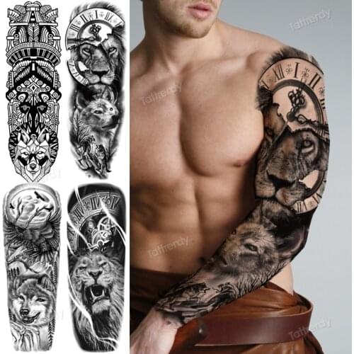 Large temporary tattoos full arm sleeve black tattoo sticker men boy waterproof big body tatto lion king wolf compass pattern