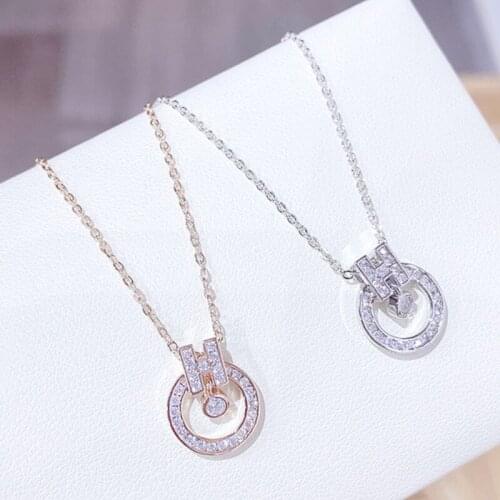 BOTU 2021 New Round Shape Simple Type H Necklace Elegant Fashion Micro-Inlaid Zircon Full Diamond Letter Chain Pendant for Women