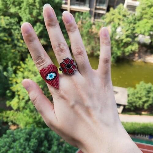 FAIRYWOO Red Heart Ring Evil Eye Gothic Ring Set Miyuki Bead Handmade Rings Gifts Women Fashion Jewelry Flower Rings Wholesale