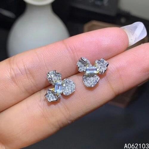 KJJEAXCMY 925 sterling silver inlaid natural Aquamarine Womens fashion trendy plant square Gem Earrings stud support detection