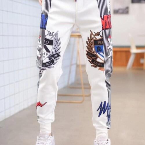 Summer White Ankle-Tied Sports Pants Thin Mens Casual Trousers Korean Printed Slim Harem Pants Streetwear Jogging Pants Men