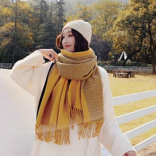 Mingjiebihuo Autumn and winter new arrival striped tassel scarf warm fashion high quality double side cute long shawl