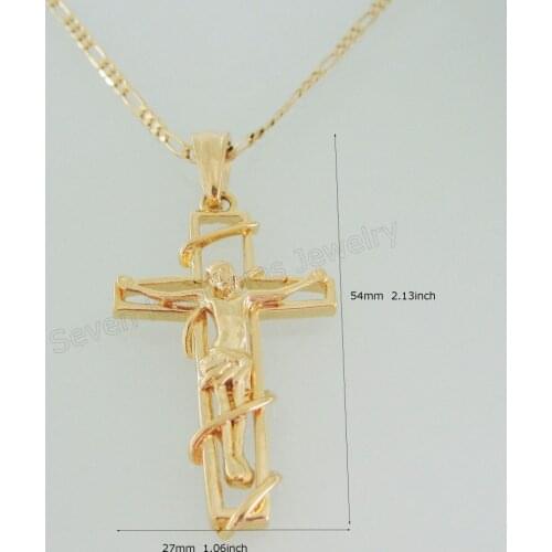 NEW - YELLOW WHITE GOLD GP OVERLAY 24" FIGARO NECKLACE&JESUS CROSS PENDANT IT HANGS 54mm 2.13inch