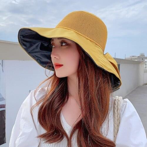 Fashion Summer Women Outdoor Sunscreen Sunshade Bow Knitting Stitching Korean Wild Casaul Beach Sun Hat Visor Cap Big Brim Hat