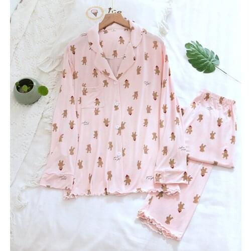 New Spring Autumn Modal Long-sleeved Trousers Loose Home Cartoon Pajamas Two-piece Simple Style Long Pajamas Womens Home Service