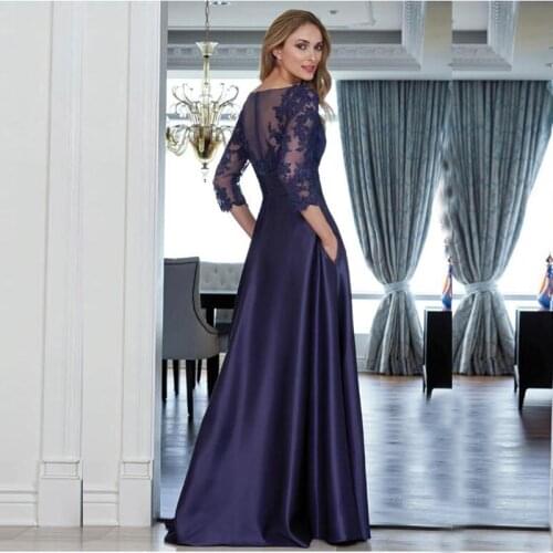 Charming A Line Purple Lace Jewel Neck Mother of the Bride Dresses With Three Quarter Sleeves Wedding Guest Gowns Pocket