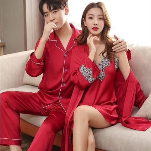 Pajama Suit Men Women Satin Pajamas Sets Couple Sleepwear Family Pijama Lover Night Suit Men & Women Pyjamas Robe & Gown