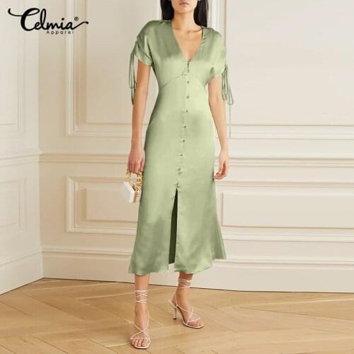 Celmia Summer Elegant Women Satin Dress Sexy V-neck Short Sleeve Bandage Buttons Split Party Dresses Fashion Slim Midi Vestidos
