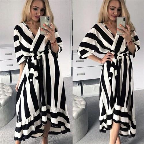 COLDKER women summer dress striped v neck half sleeves cloth for female woman clothing casual dress