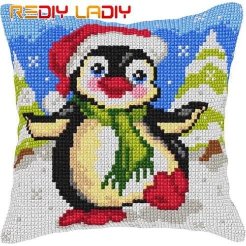 Cross Stitch Cushion Christmas Penguin Needlepoint Kits Pre-Printed Canvas Thick Yarn Cross-stitch Pillow Case Arts and Crafts