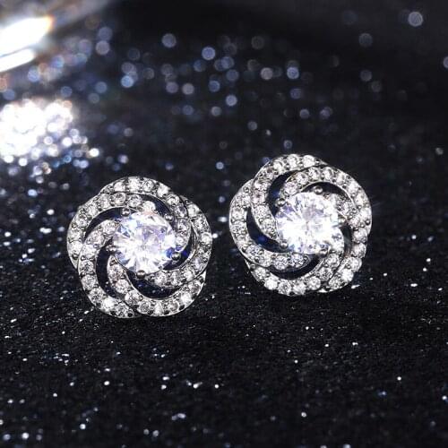 Huitan Romantic Hollow Out Flower Shape Stud Earrings Women Full Paved Shiny White CZ Fashion Contracted Female Accessories New