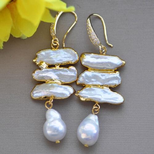 Z10310 22mm White Biwa Baroque & Drop Pearl gold-plating Dangle Earring