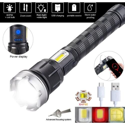 Super Bright XHP90 Zoomable LED Flashlight 4500 Lumens 4-Core Torch COB Side Work Light Waterproof Lantern Outdoor Power Bank