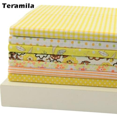 Teramila Yellow Color Flower/check/dot/stripes Style 7PCS Plain Cotton Fabric Telas Meter Sewing Bundle Decoration