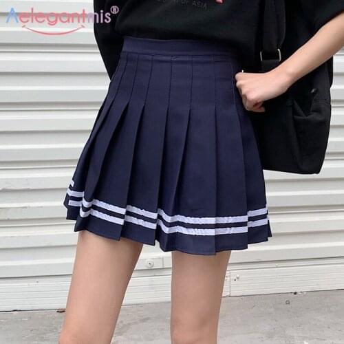 Aelegantmis Sweet Lolita High Waist Pleated Skirt Women Girls Harajuku Mini Skirts Lady Stripe Short School Uniform Skirt Korean