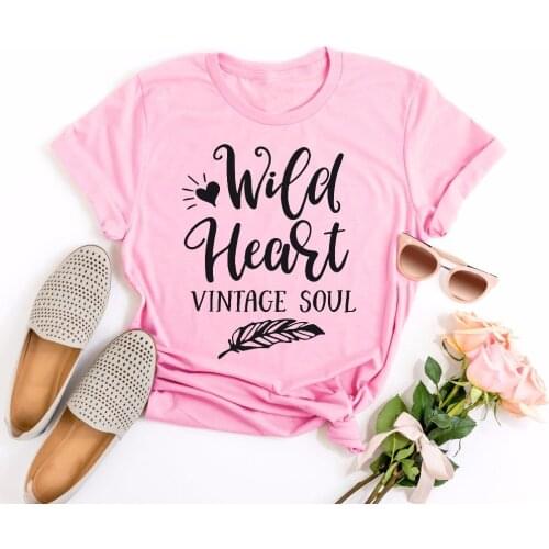 Wild heart vintage soul t-shirt young women fashion style camiseta rosa feminina Christian feather graphic casual shirt art tees