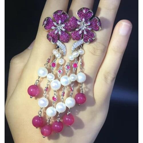 Long tassels earring 925 sterling silver with cubic zircon flower earring natural fresh water pearl romantic fine women jewel