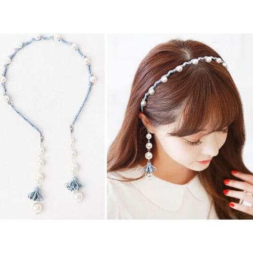 Women Imitation Earring Headband Ribbon Pearl Head Band Hairband Hair Hoop with Eardrop Hair Accessories Headdress