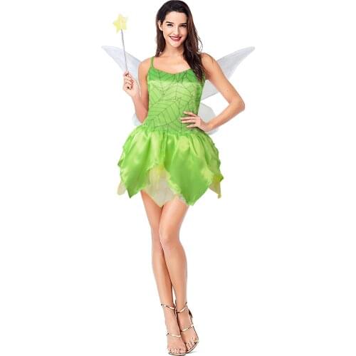 Womens Tinker Bell Costume Peter Pan Flower Fairy Tutu Dress with Wings Green Leaf Print Pixie Halloween Fancy Dress
