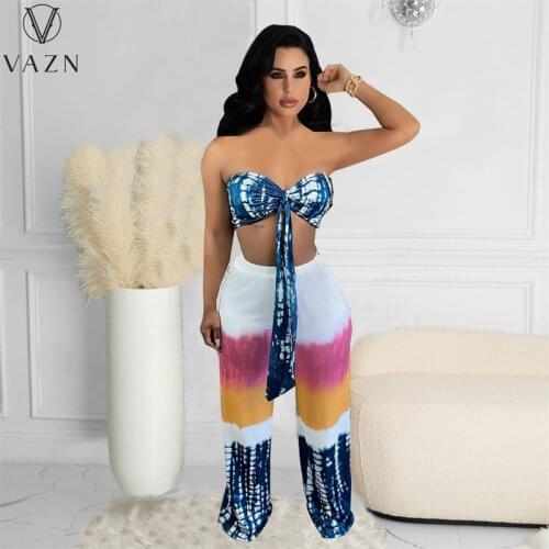 VAZN 2021 INS Summer Wind Patchwork Sleeveless Strapless Top Sexy Club Long Pant Skinny Women 2 Piece Set
