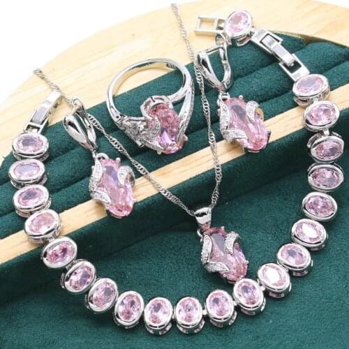 New 925 Sterling Silver Jewelry Sets For Women Birthday Pink Crystal Bracelet Earrings Necklace Pendant Ring Wedding
