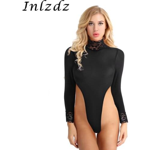 Womens Erotic Lingerie Sheer Bodysuit Long Sleeve Turtleneck Sex Clothing High Cut Tank Sexy Thong Leotard Bodysuit Underwear