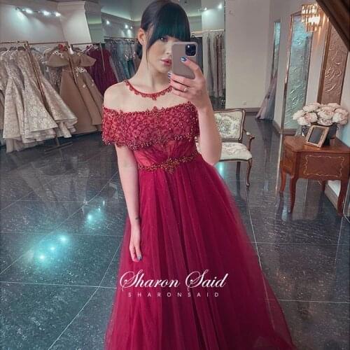 Arabic Wine Red Dubai Evening Dress Cap Sleeve O-Neck Beaded Crystal Blue Formal Prom Dresses Women Wedding Party Night Gowns