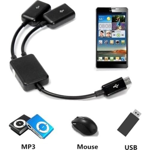 1Pcs 2in1 Micro USB Dual Host OTG Charge Hub Y Splitter Adapter Cable Tablet Black Data Cable For Android Smartphones Supply