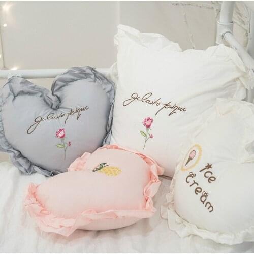 Cilected Ruffled Heart-Shaped Cushion Love Embroidery with Core Pillow Cotton Solid Color Sofa Cushion Girl Gift 35X40Cm 1PC