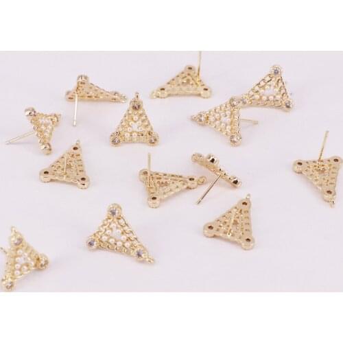 12mm brass ear stud fittings with cz silver pin allergy free high quality 14K gold plated DIY jewelry accessory