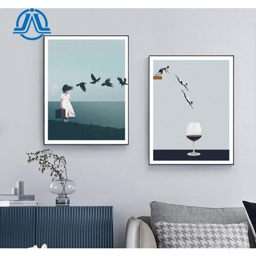 Abstract Canvas Painting Forgetting Your Face Poster Swim Wine Glass Wall Art Print Girl And Bird Pictures For Room Decoration