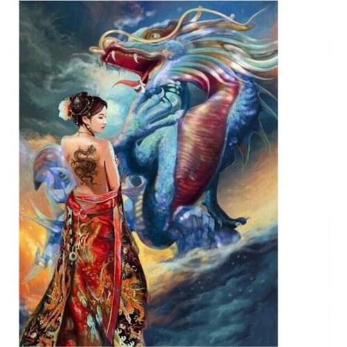 Round square Full 5D DIY Diamond Painting Japanese woman and dragon Rhinestones embroidery Diamond Mosaic Home Decor Gifts